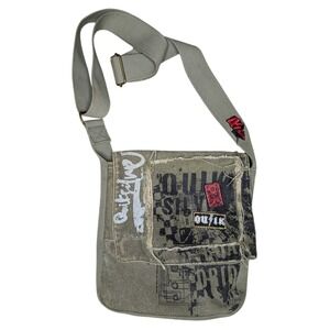Vintage Quiksilver Army Green Canvas Crossbody Tote Bag Distressed Patched Punk